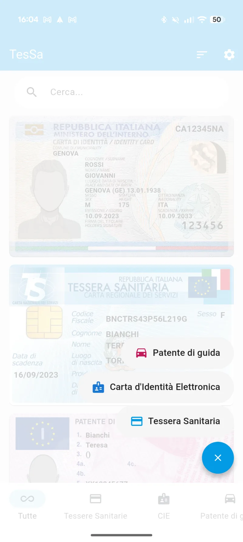 Menu reale di TesSa per aggiungere un documento