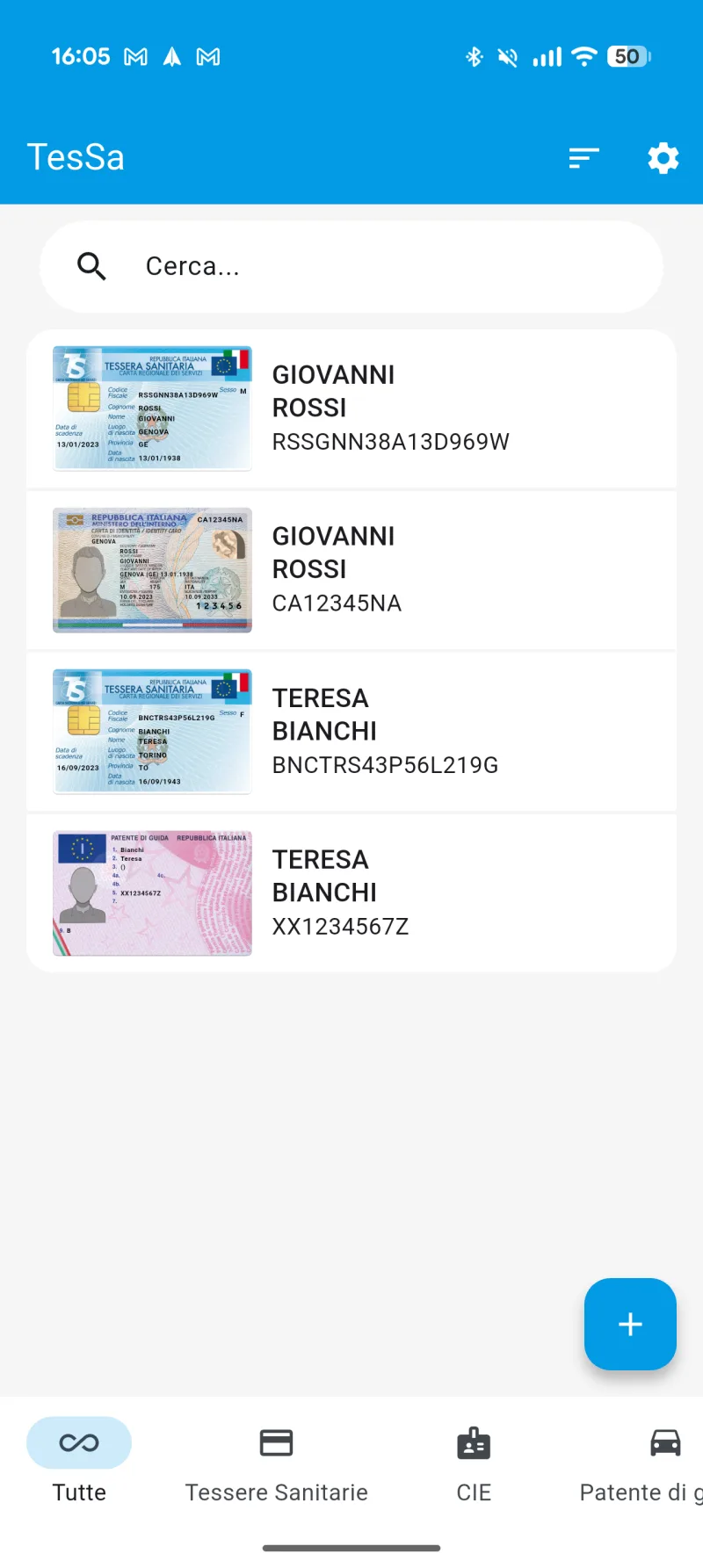 Schermata reale del portafoglio TesSa organizzato per più persone