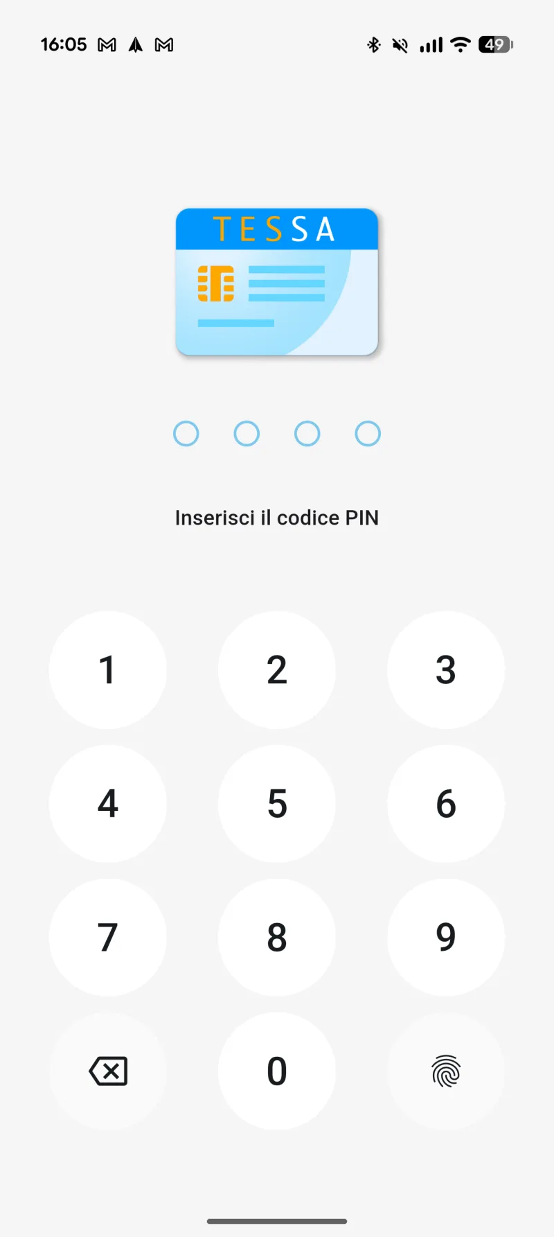 Schermata reale di accesso a TesSa protetto da PIN e impronta digitale