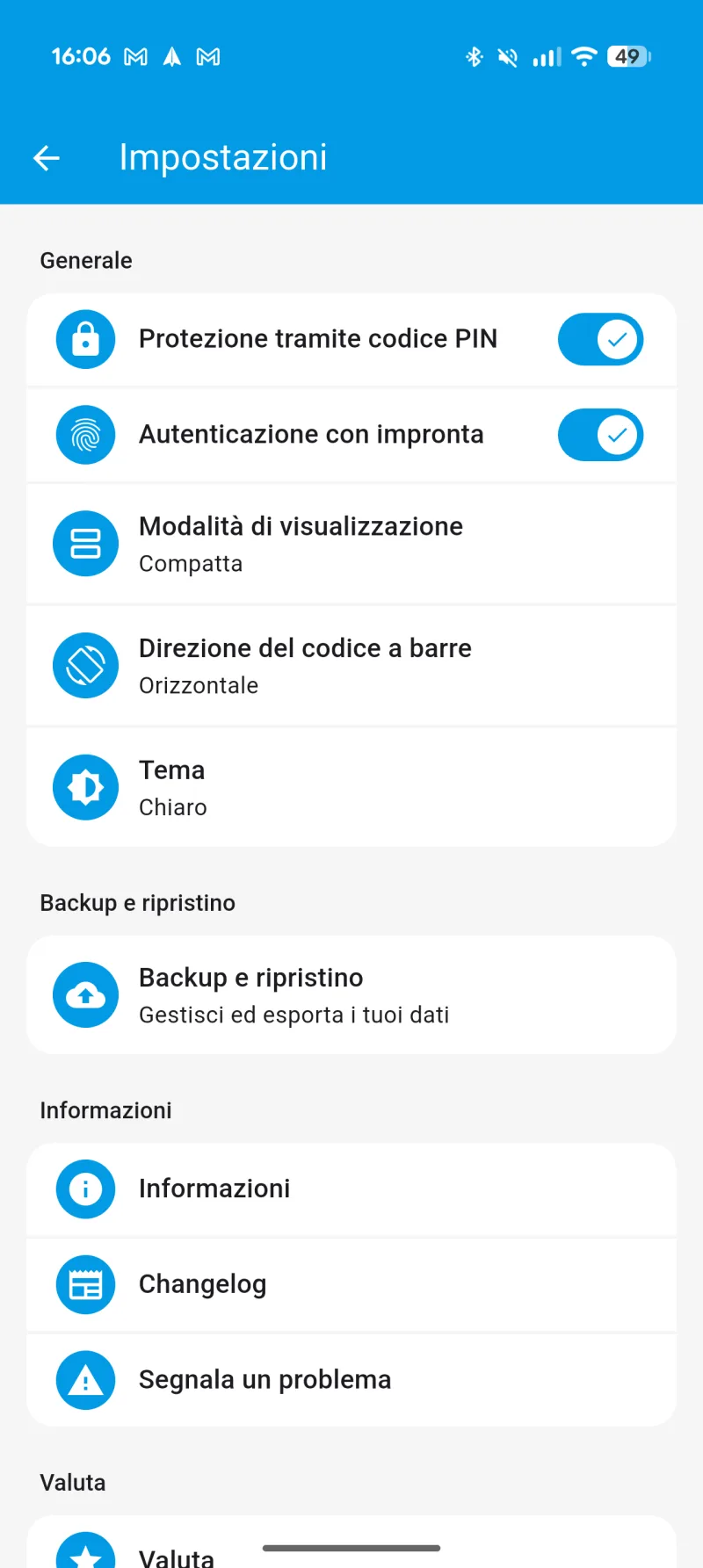 Schermata reale delle impostazioni TesSa con PIN, biometria e backup