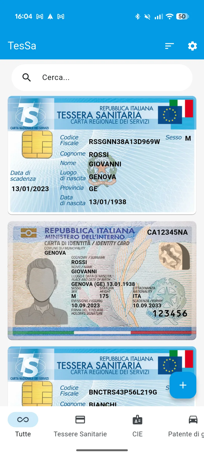 Schermata reale di TesSa con Tessera Sanitaria, CIE e altri documenti nel portafoglio